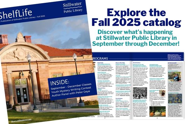 Image of the front of the Fall 2025 ShelfLife online catalog of library programs, featuring a picture of library from 4th Street