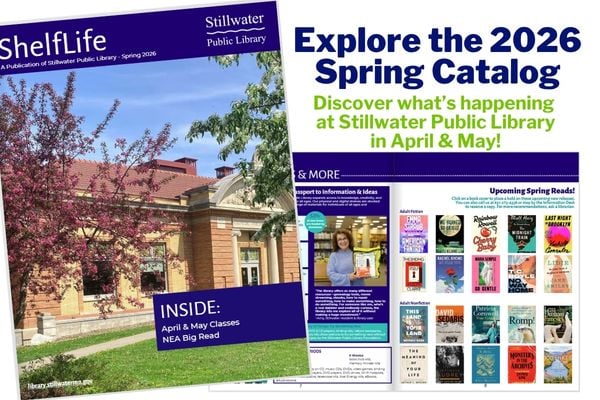 Spring catalog cover with apple trees in front of library blossoming