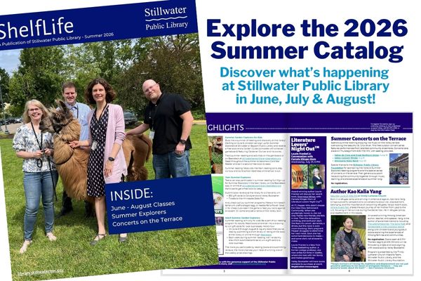 Cover of summer program catalog featuring four library staffers and a llama on the library lawn