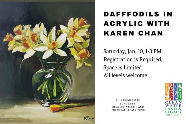 Acrylic still life painting of daffodils in a glass vase by Karen Chan