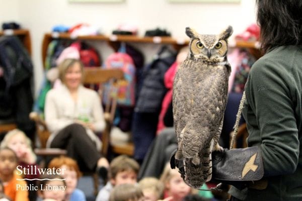Raptor held by presenter with children on floor listening