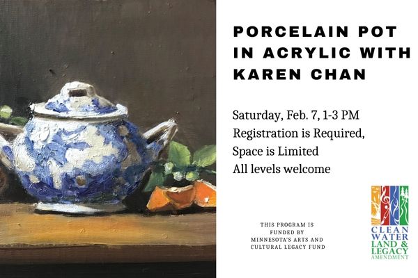 Still life acrylic painting of a porcelain pot on table