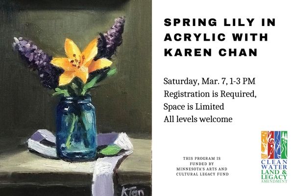 Still life acrylic painting of a yellow lily in vase on table by Karen Chan