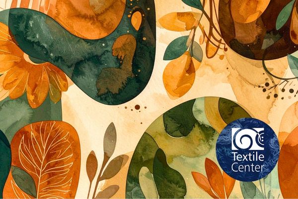 Watercolor images of leaves and flowers in green and rust tones