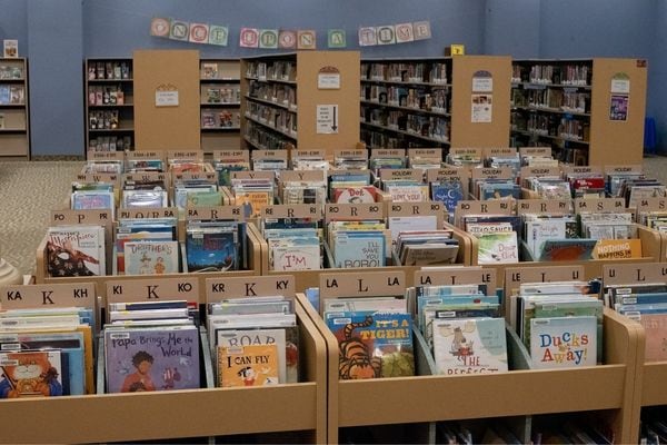 Front-facing book bins with picture books in foreground and taller book shelves in background