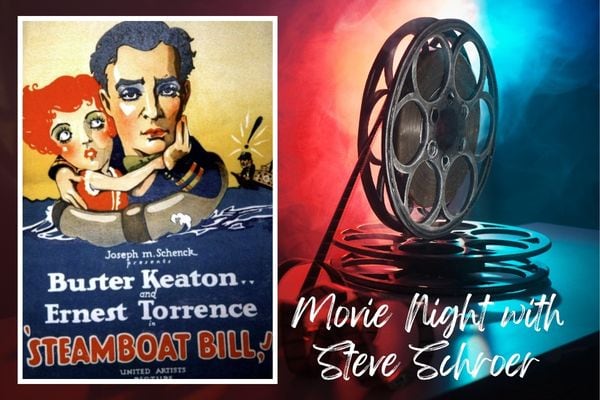 Vintage film poster of silent film Steamboat Bill, Jr., with two people floating in a life raft