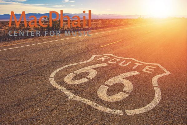 Route 66 sign image overlayed on road