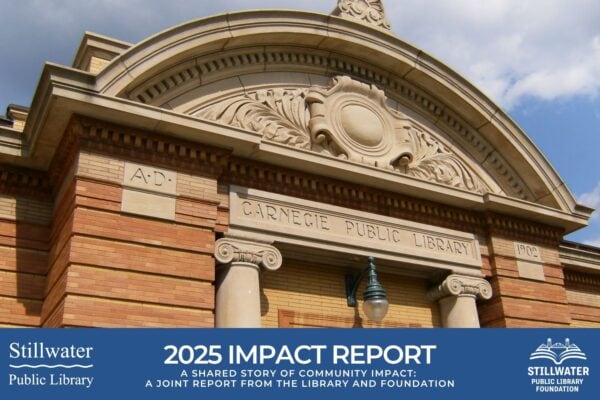 Closeup of top of Carnegie library with 2025 Impact Report title