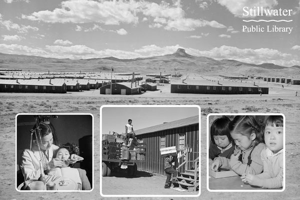 Heat Mountain Internment Camp tents, people unloading boxes into camp, children at camp, dentist and patient at camp