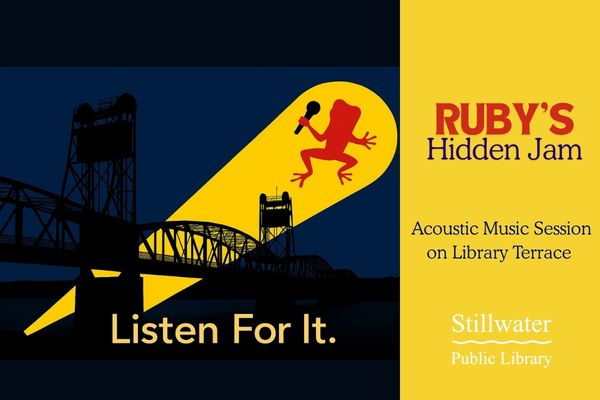 Graphic Silhouette of Stillwater Lift Bridge with yellow spotlight shining through on a red frog holding a microphone