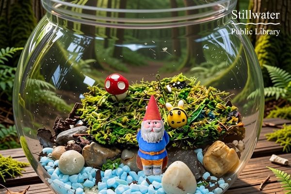 Glass bowl with gnome and toadstool