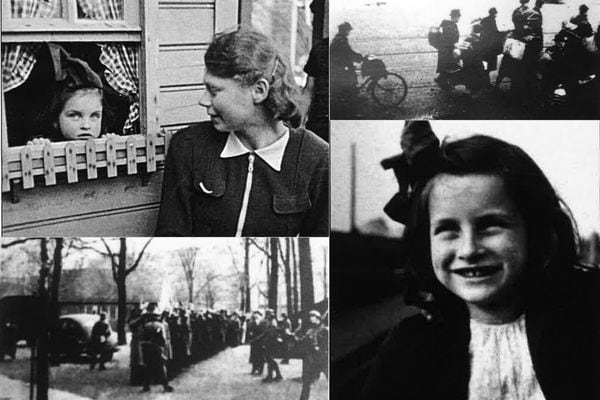Collage of mages from WWII, including a child; mother; people loaded with belongings