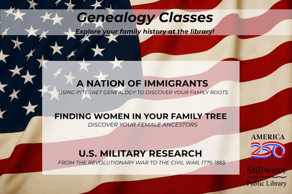 American Flag background and list of three fall 2026 genealogy classes